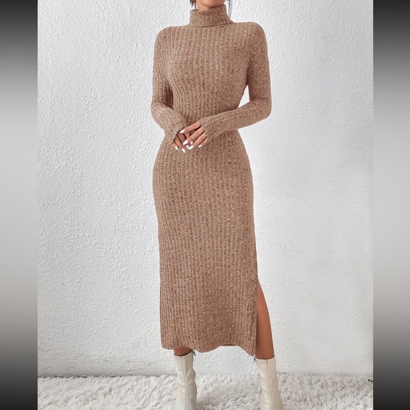 SHEIN Dresses & Skirts - Tan Ribbed Winter Long Sleeve Sweater Dress